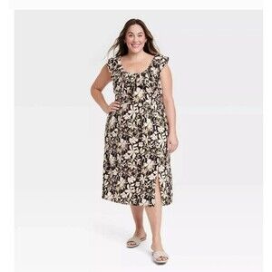 Ava & Viv Black/Beige Linen Blend Floral Empire Waist Smocked Back Dress 3X